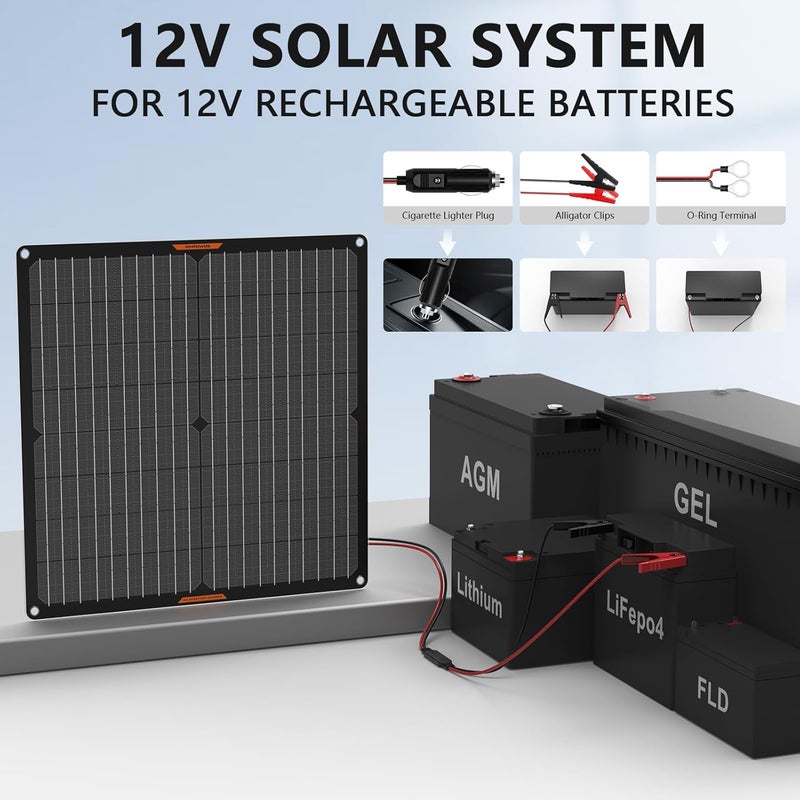 MHPOWOS Solar Panel 30W 12V Solar Car Battery Charger Portable Waterproof Solar Power Battery Trickle Charger Maintainer with Alligator Clip - Image 2